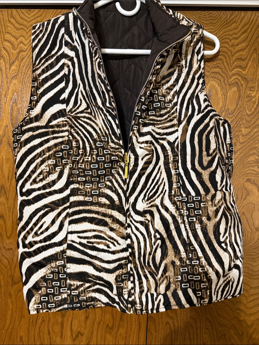 Zebra Print Quilted Vest in Black, White & Brown